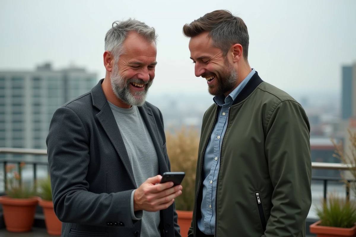Deux hommes partageant un moment de rire sur une terrasse urbaine en regardant un GIF animé d'anniversaire sur un téléphone