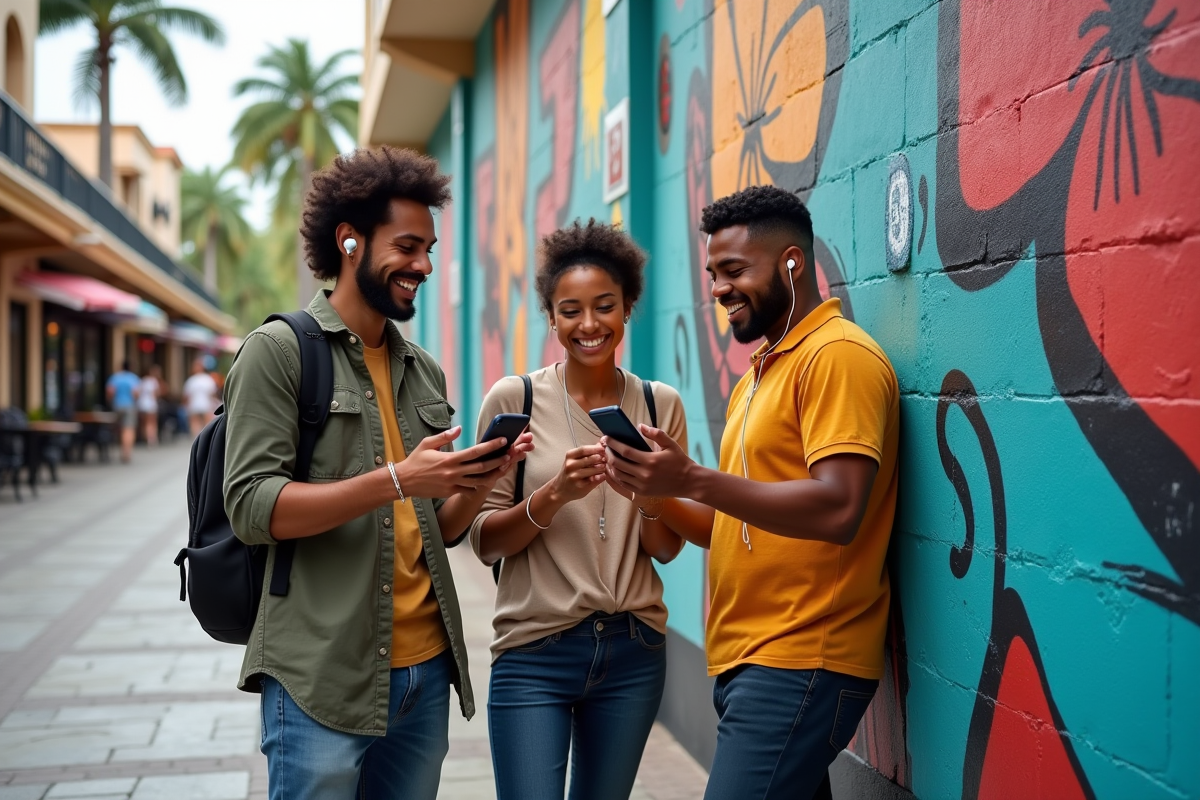 Trois amis écoutant musique devant un mur coloré en ville