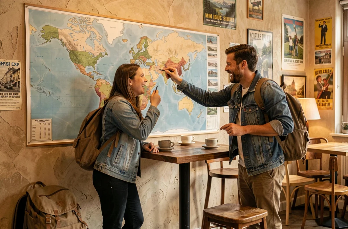 Deux amis qui planifient ensemble un tour du monde en annotant une grande carte du monde dans un café