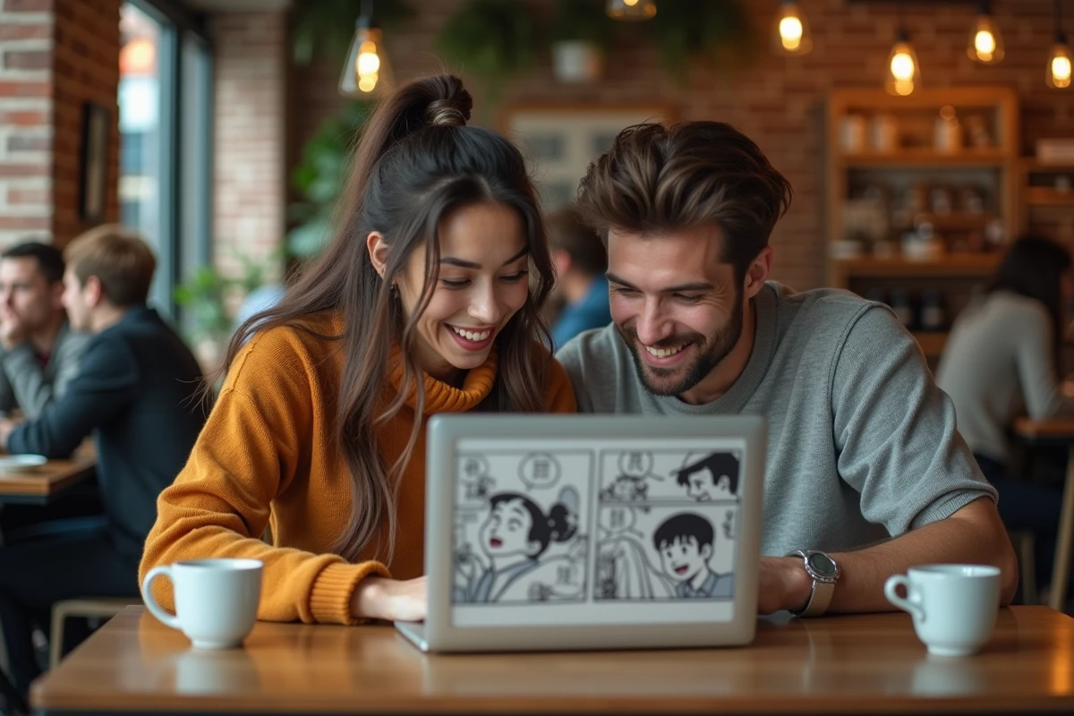 Deux amis lisant ensemble le scan One Piece 1143 VF en avant-première dans un café
