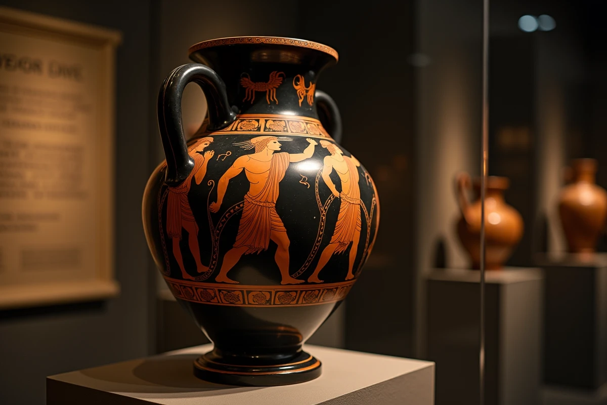 Détail d'une amphore grecque à figures rouges représentant Hermès avec son caducée et son casque ailé
