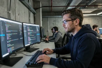Analyste en cybersécurité étudiant une fuite de données sur un poste de travail à double écran dans un bureau technologique