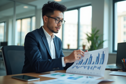 Jeune professionnel analysant des documents financiers dans un bureau lumineux