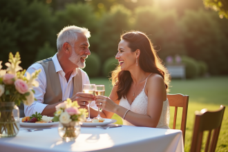 Couple heureux célébrant leur 8e anniversaire dans un jardin ensoleille