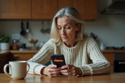 Femme inquiète recevant un appel téléphonique suspect du numéro 0987887671 dans une cuisine