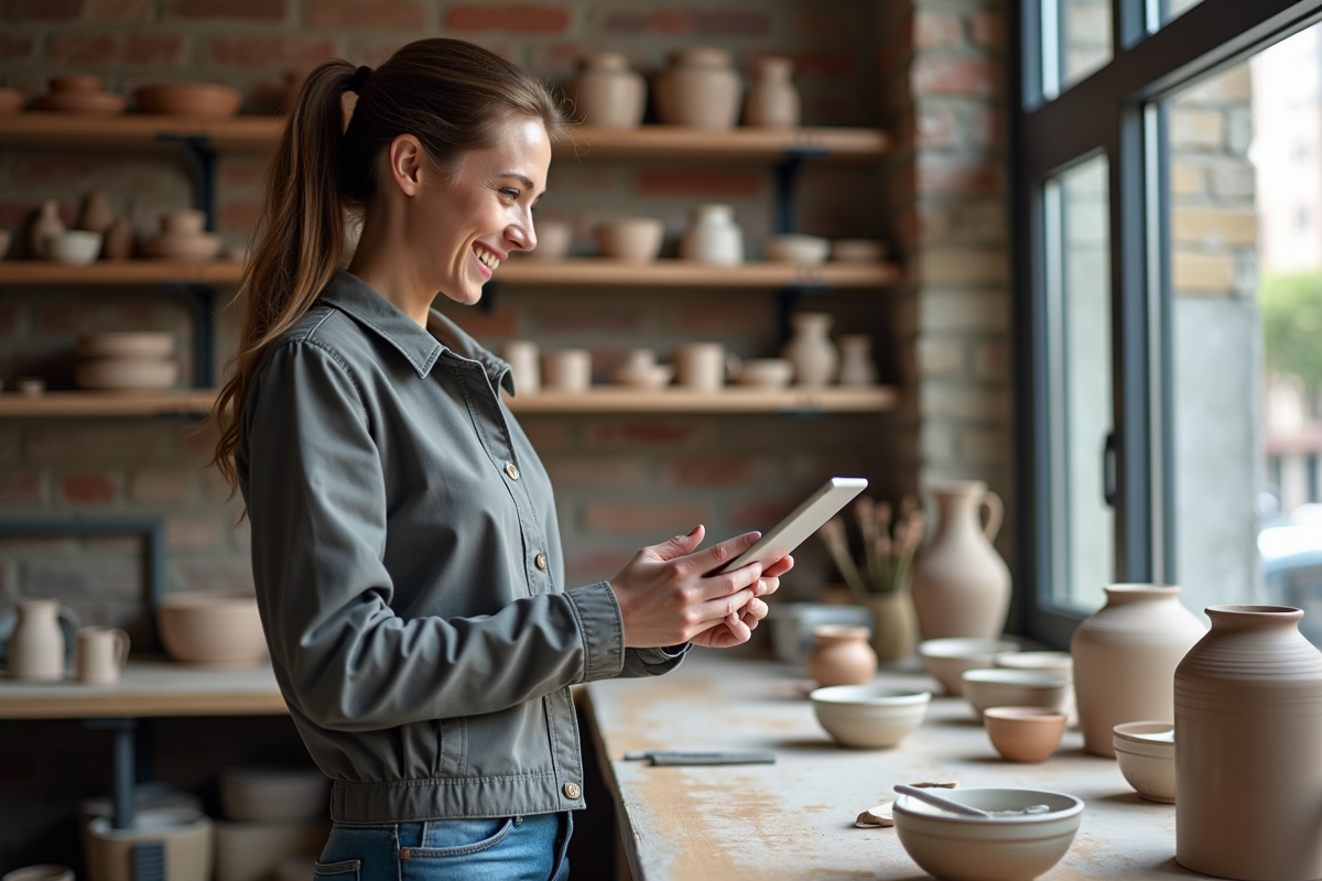 Jeune femme artisan utilisant une tablette dans un atelier de poterie