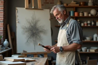 Artiste peintre hésitant entre pinceau et règle dans un atelier encombré, illustrant la frontière entre art et technique