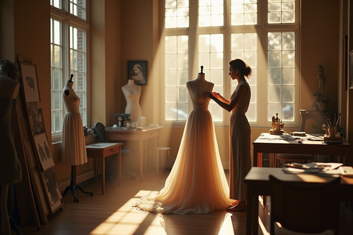 Atelier de couture en 1947 avec designer et tissus