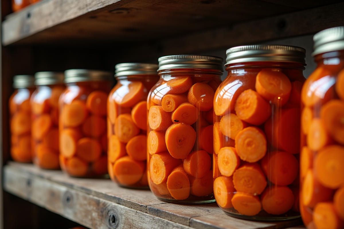 Bocaux de carottes en conserve sur étagères en bois rustiques
