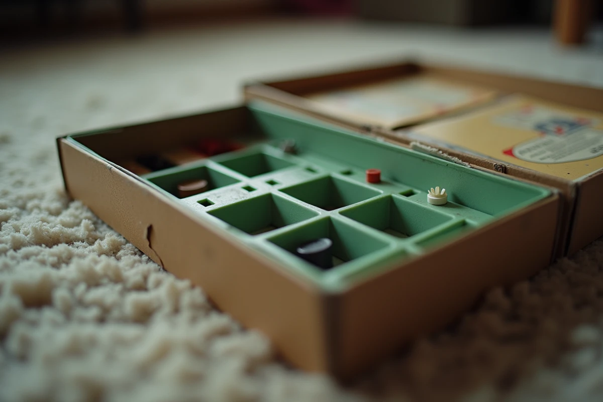 Boîte de Monopoly avec emplacements vides dans le plateau de rangement des pièces