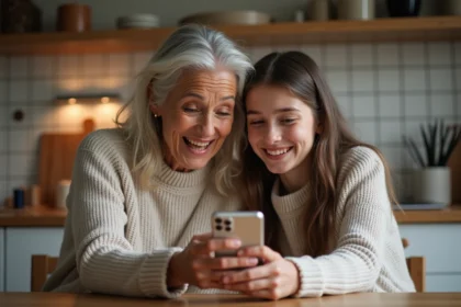 Une femme baby-boomer et sa petite-fille de la génération Z regardent ensemble un smartphone en riant, illustrant le fossé générationnel autour de l'humour internet