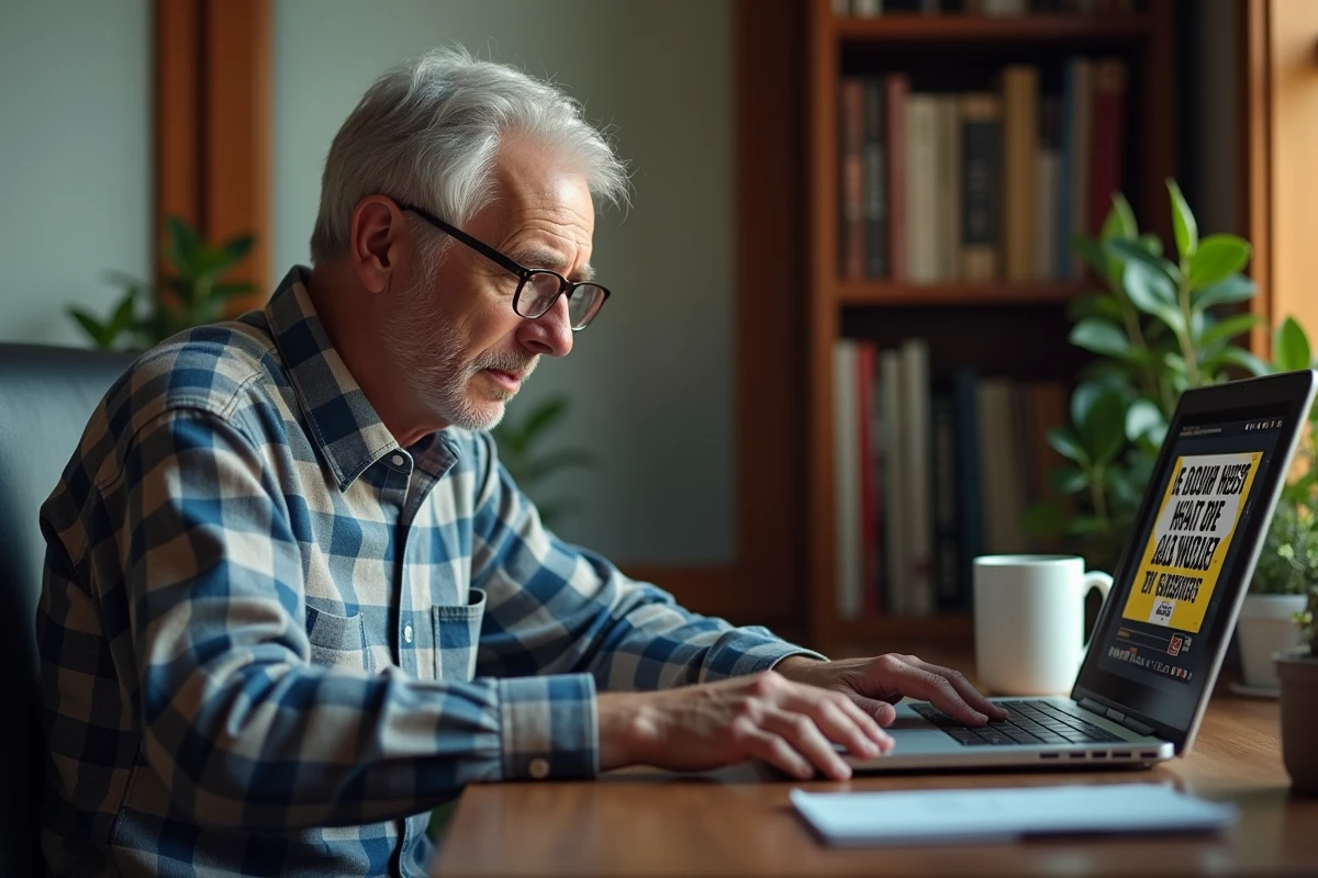 Un homme de la génération des boomers perplexe devant un mème de la génération Z sur son ordinateur portable, symbolisant l'incompréhension de l'humour absurde en ligne