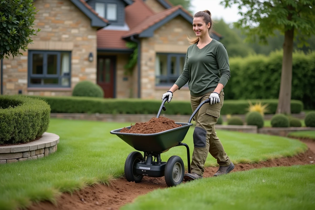 Jardinière professionnelle poussant une brouette motorisée chargée de terre dans un jardin en cours de rénovation