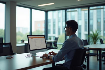 Personne au bureau regardant une boîte mail claire