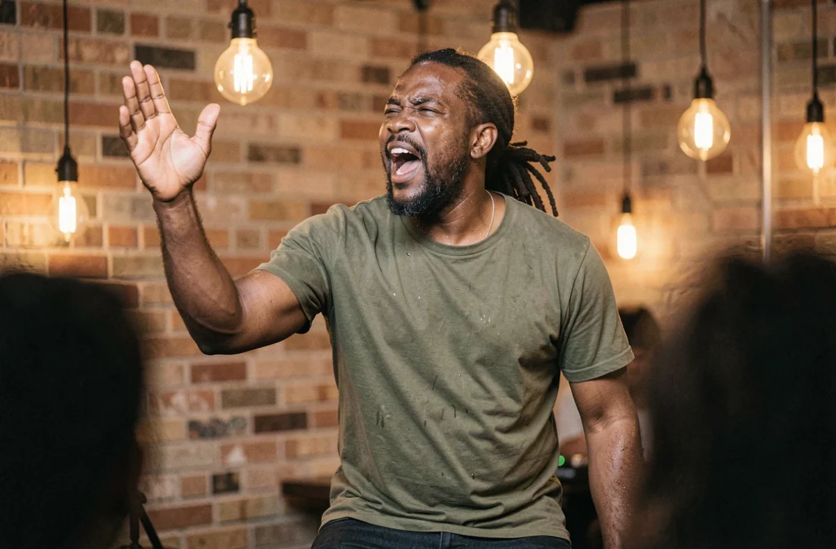 Chanteur reggae en concert dans une salle intimiste avec dreadlocks et chemise vintage, en plein effort vocal sous ambiance industrielle