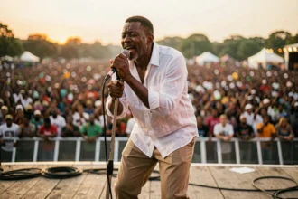 Chanteur de reggae jamaïcain sur scène en plein air lors d'un festival, microphone en main, foule en arrière-plan au crépuscule