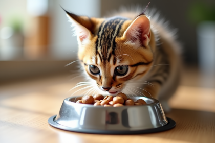 Petit chat nain mangeant dans un bol en inox