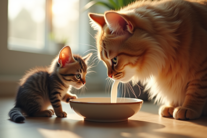 Chaton tacheté buvant du lait dans un salon lumineux