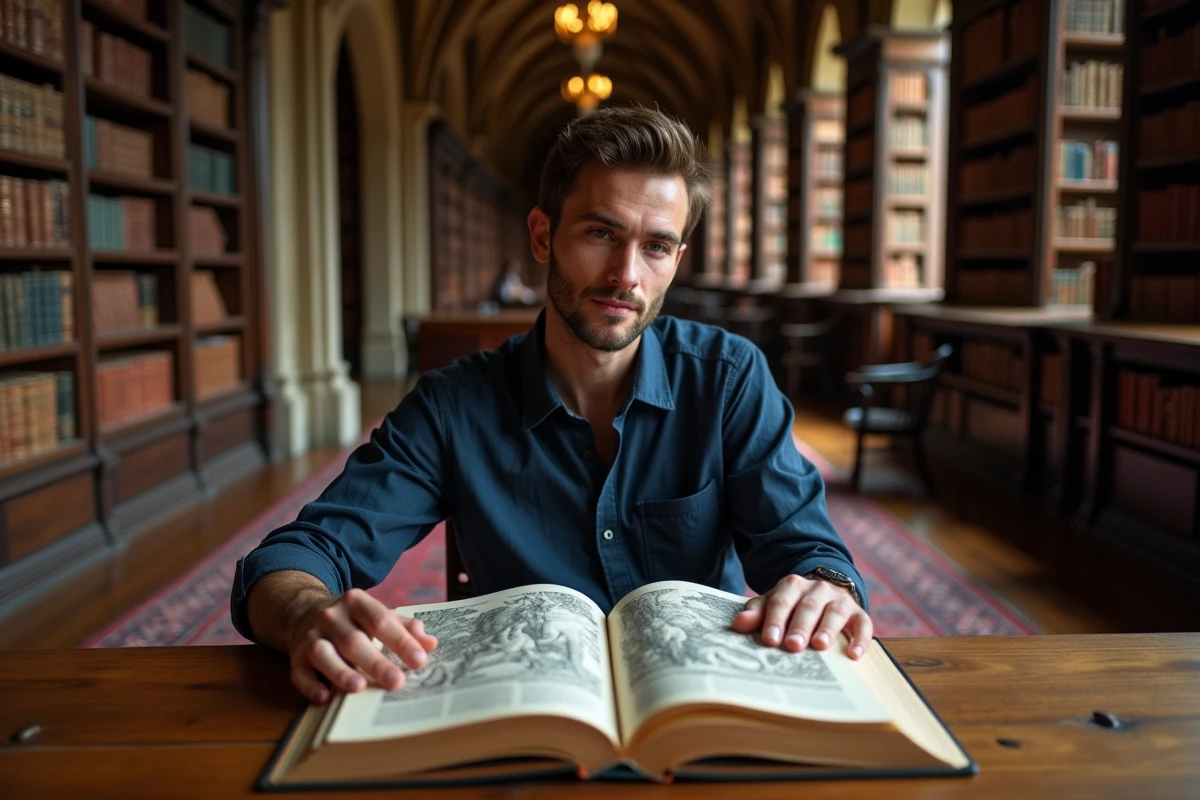Chercheur étudiant les mythes d'Hermès dans un livre illustré de mythologie grecque en bibliothèque universitaire