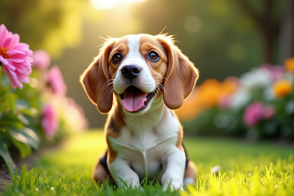 Beagle souriant dans un jardin ensoleille avec fleurs