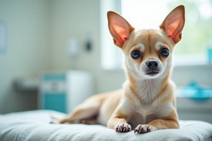 Chihuahua à poil court sur une table d'examen vétérinaire