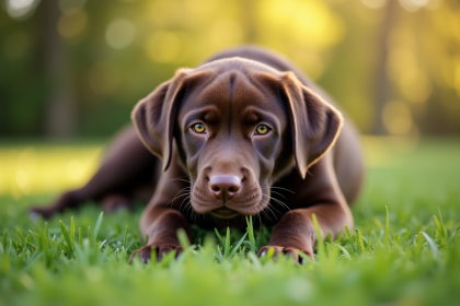 Labrador chocolat paisiblement allongé sur une pelouse verte
