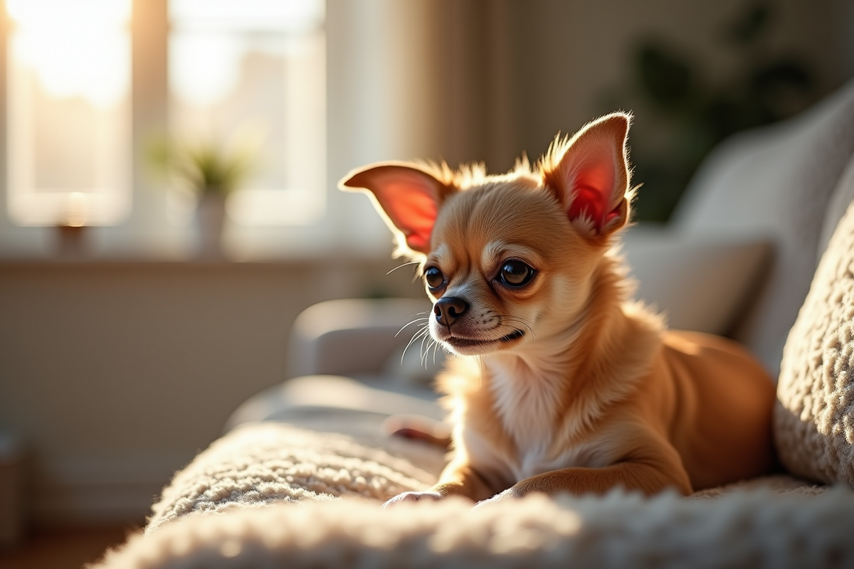 Chihuahua allongé sur un canapé en salon en lumière naturelle