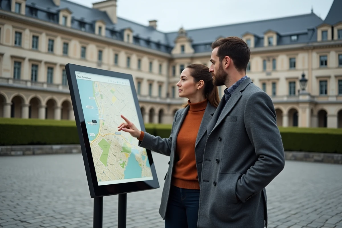 Deux personnes consultant un plan de ville interactif en extérieur pour trouver une adresse
