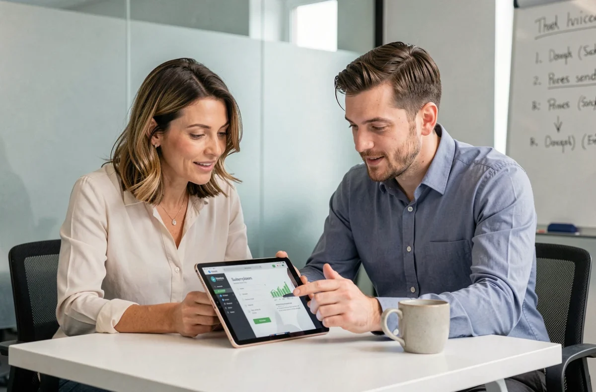 Deux collègues discutant d'une offre d'abonnement business gratuit autour d'une tablette en salle de réunion