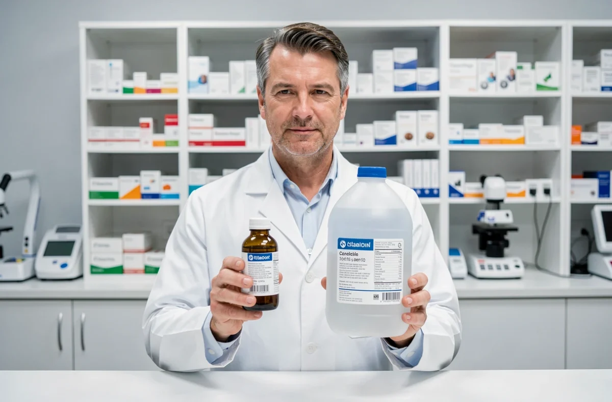 Pharmacien comparant un flacon en centilitres et une bouteille d'un litre dans une pharmacie moderne