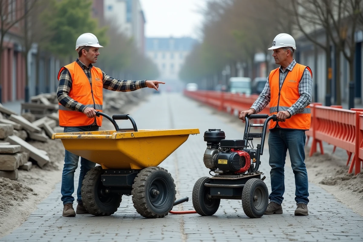Comparaison entre un mini dumper et une brouette motorisée sur un chantier de rénovation urbaine avec deux professionnels du bâtiment