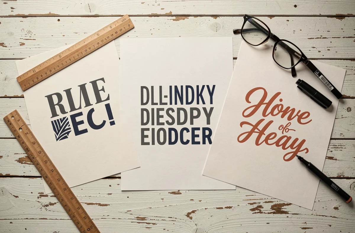 Vue aérienne de maquettes d'affiches comparant différents styles de polices typographiques sur une table en bois