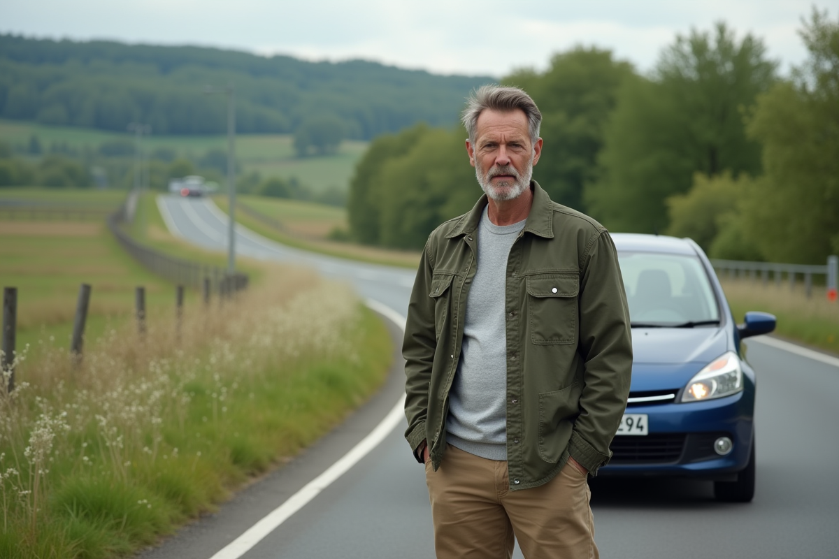 Homme conducteur en campagne française appelant assistance