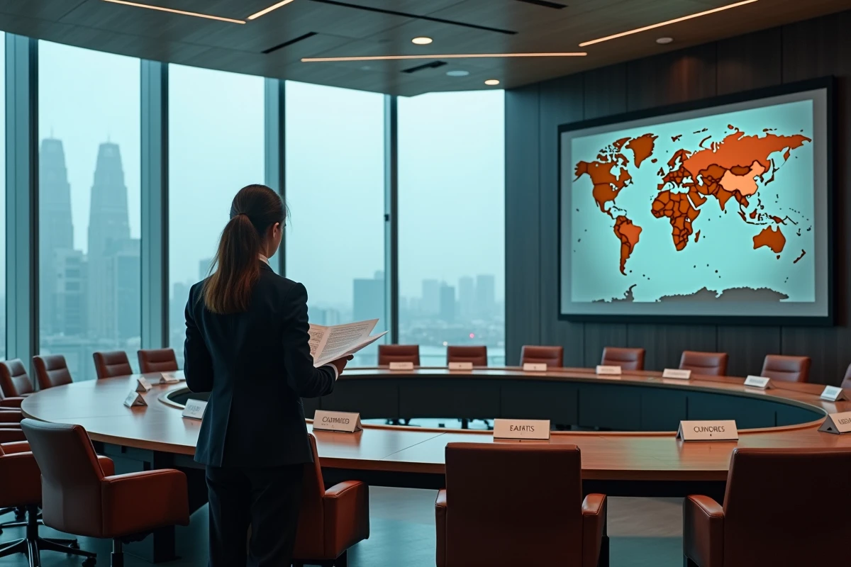 Salle de conférence internationale avec carte des plus grands pays du monde projetée sur écran, symbolisant les négociations géopolitiques