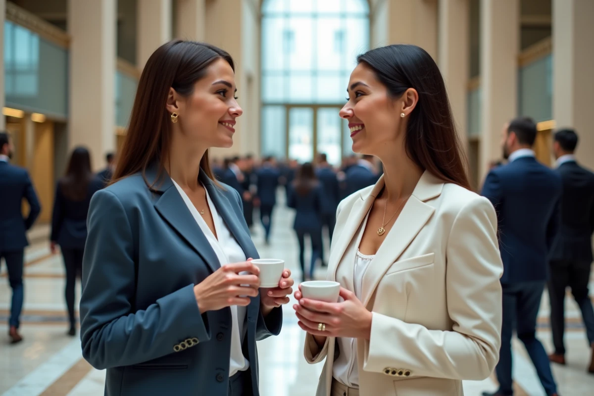 Deux professionnelles du droit en discussion lors d'une pause networking au Congrès UINL Paris dans un foyer en marbre