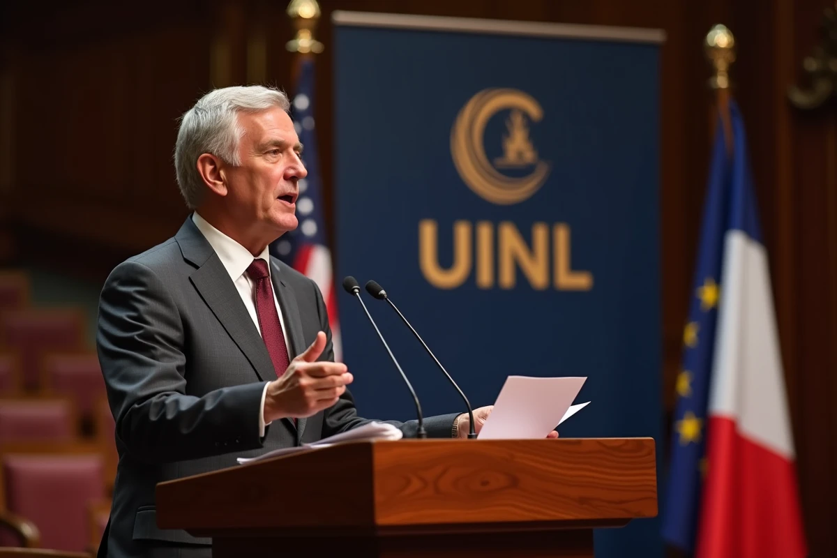 Notaire prenant la parole à la tribune lors du Congrès UINL Paris 2026 devant un parterre de délégués internationaux