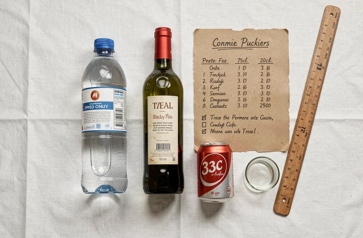 Vue aérienne de différents contenants de boissons avec leurs volumes en litres et centilitres sur une table blanche