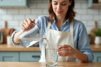 Femme versant de l'eau dans un bécher gradué de 600 ml sur un plan de travail en bois dans une cuisine lumineuse