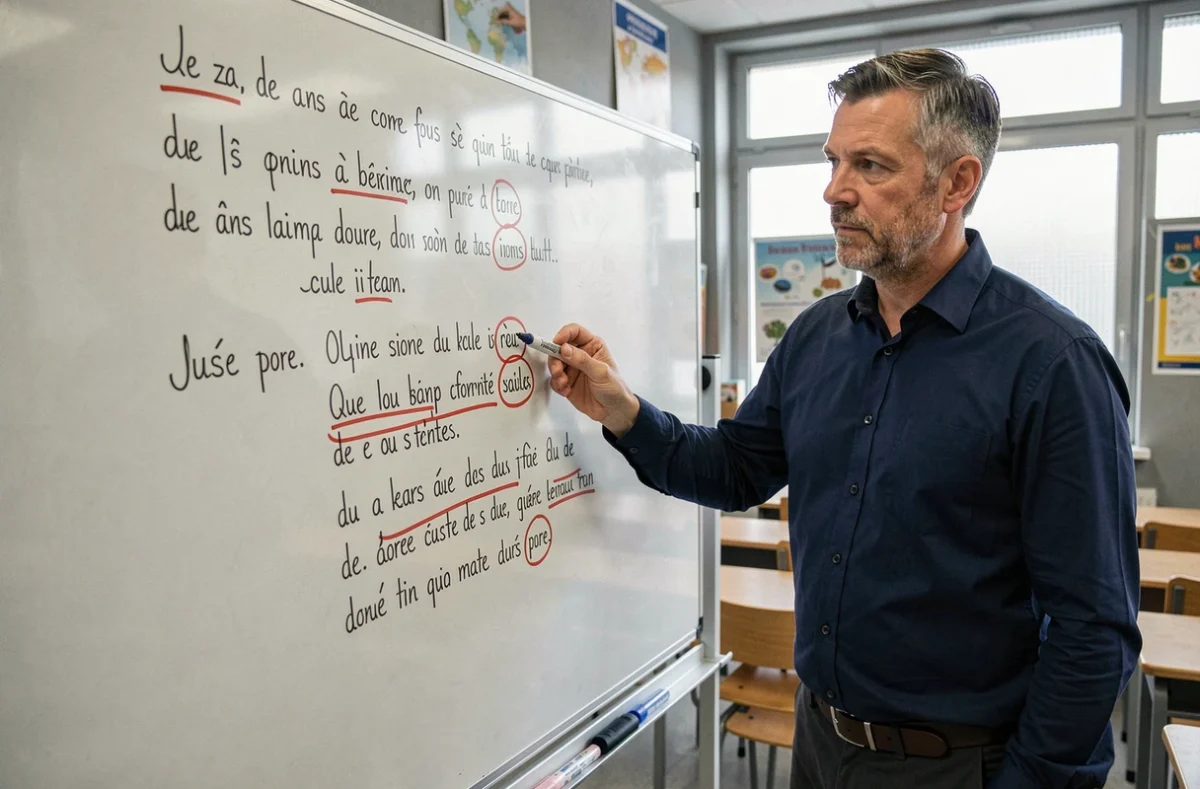 Enseignant corrigeant des erreurs de grammaire française au tableau blanc dans une salle de classe