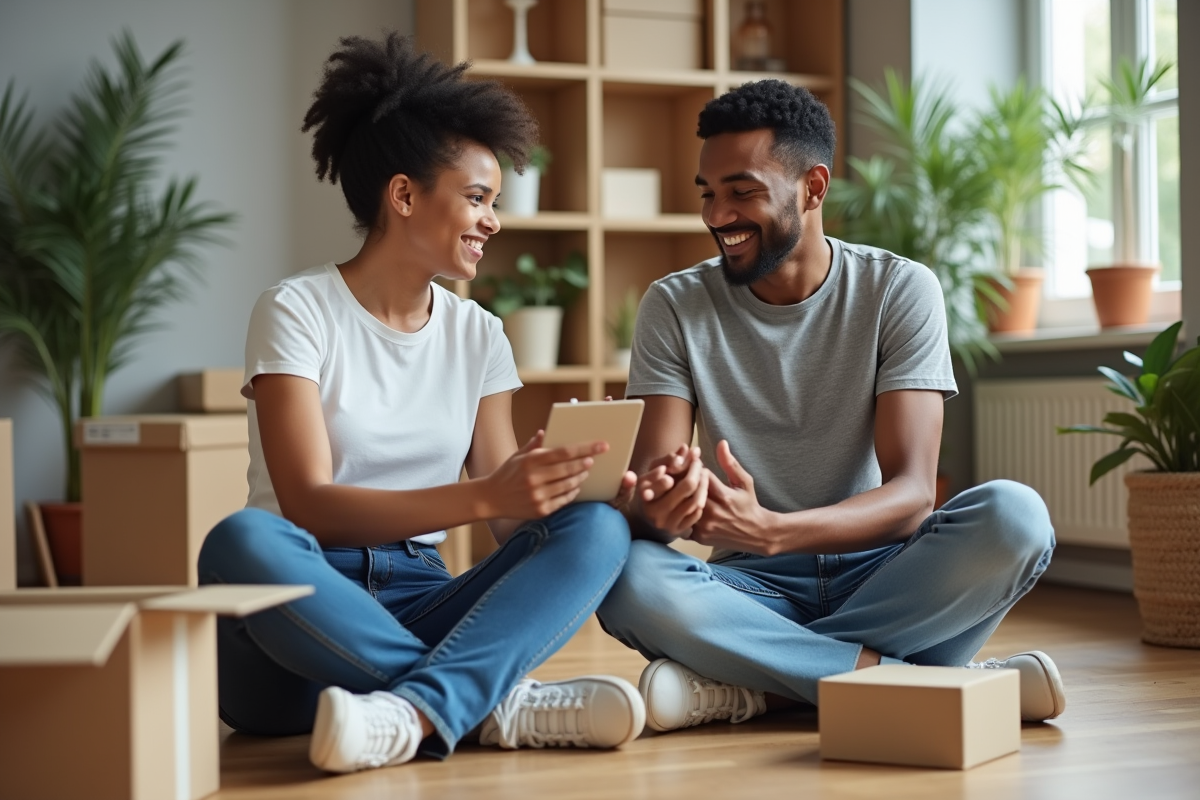 Jeune couple interracial assemble un meuble dans un salon lumineux