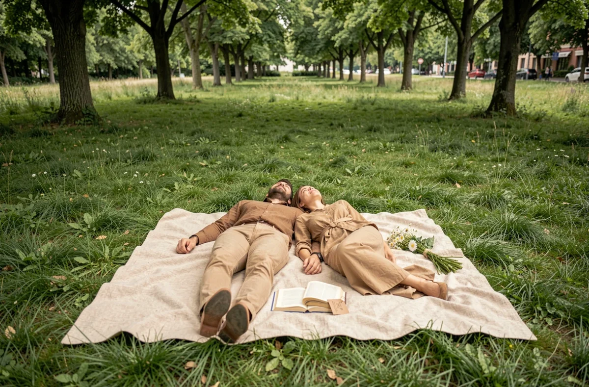 Couple allongé sur une couverture dans un parc verdoyant, ambiance sereine et complice illustrant la vie amoureuse du signe du 4 juillet