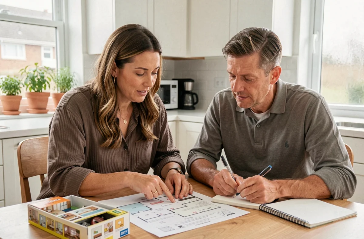 Un couple d'adultes collabore sur la solution d'un jeu de type Rooms and Exits, consultant un guide imprimé et une boîte de jeu posée sur une table de cuisine moderne