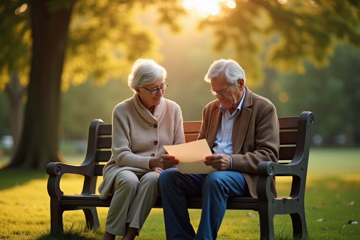 Couple âgée lisant une lettre sur un banc dans un parc ensoleille