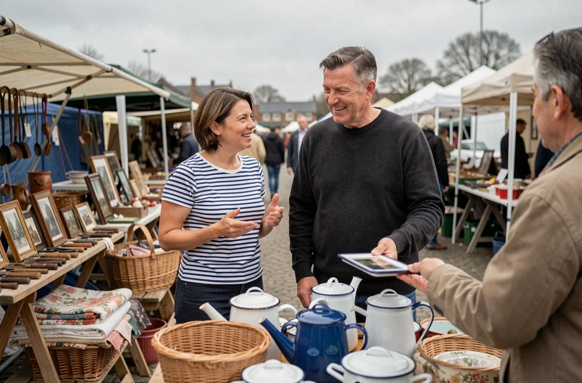 Couple en train de négocier des objets vintage avec un vendeur lors d'un vide-grenier dans le Nord 59
