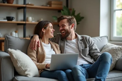 Jeune couple parisien riant sur un canapé moderne