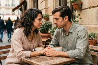 Couple amoureux partageant un café en terrasse à Paris, mains enlacées, atmosphère intime et romantique pour le signe astrologique du 4 juillet