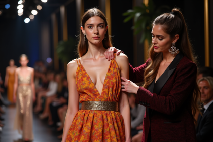 Défilé de mode élégant avec styliste ajustant un mannequin