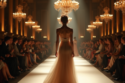 Défilé de mode parisien 1947 avec mannequin élégant