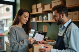 Femme déposant un colis dans un point relais, échangeant avec le commerçant au comptoir lors d'une livraison marketplace
