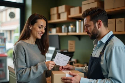 Femme déposant un colis dans un point relais, échangeant avec le commerçant au comptoir lors d'une livraison marketplace